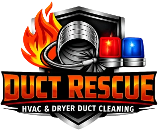 Logo for "Duct Rescue HVAC & Dryer Duct Cleaning" featuring a coiled duct, flames, and red and blue emergency lights on a shield.