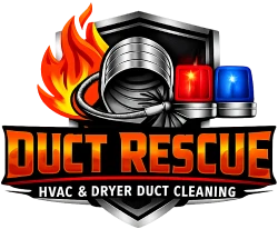 Logo for "Duct Rescue HVAC & Dryer Duct Cleaning" featuring a duct, flames, and red and blue emergency lights on a black shield background.