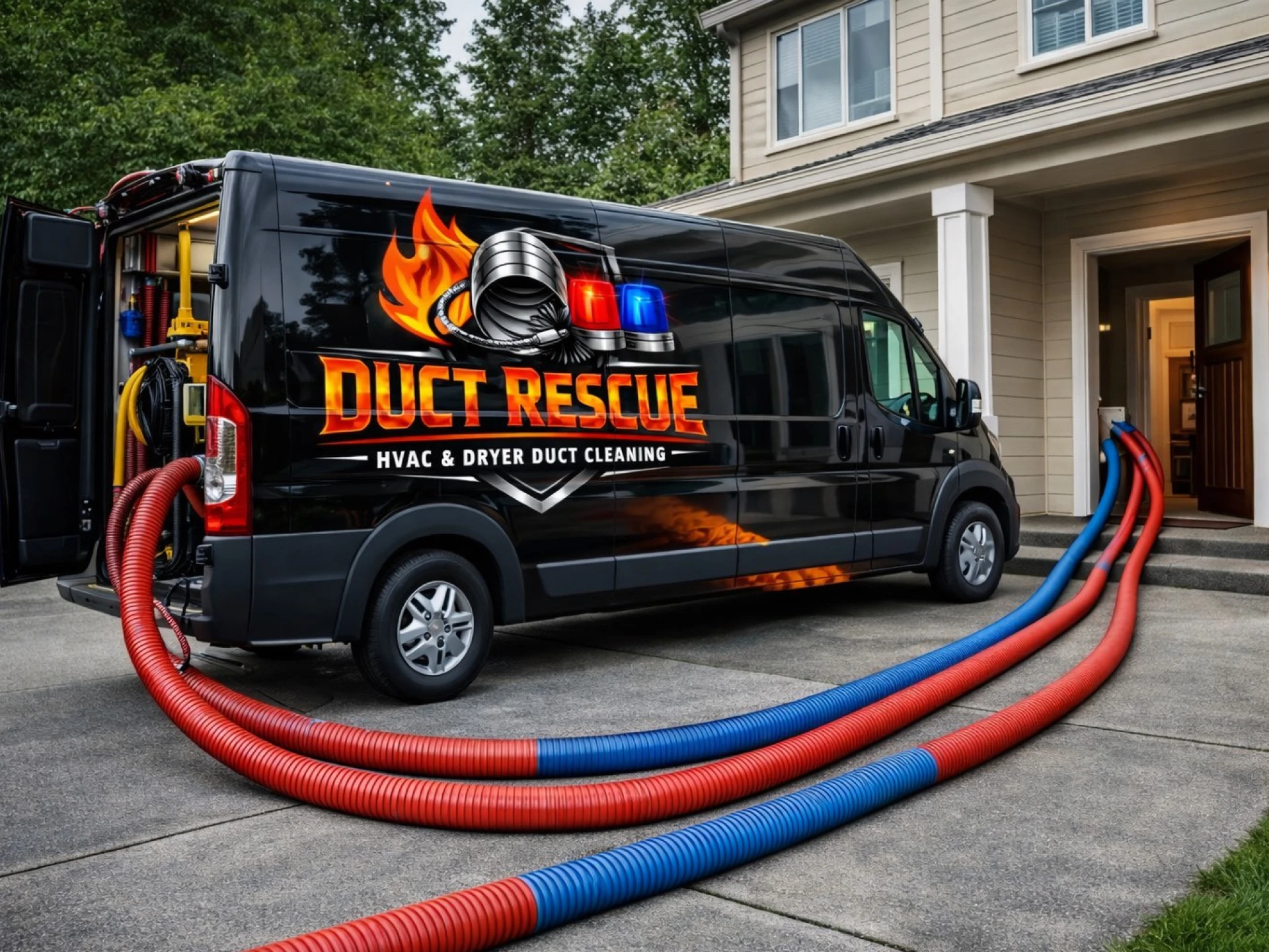 A van labeled "Duct Rescue HVAC & Dryer Duct Cleaning" is parked in a driveway, with red and blue hoses running from the van into a house.